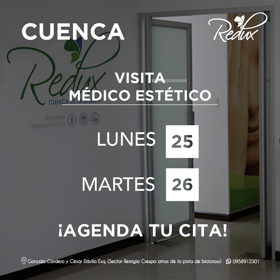 ¡Visita de médico estético en CUENCA! 🩺

Agenda tu cita para este lunes 25 y martes 26 de marzo. 🙌🏼

📍Cuenca. Gonzalo Cordero y César Dávila Esq.
📲0958912301